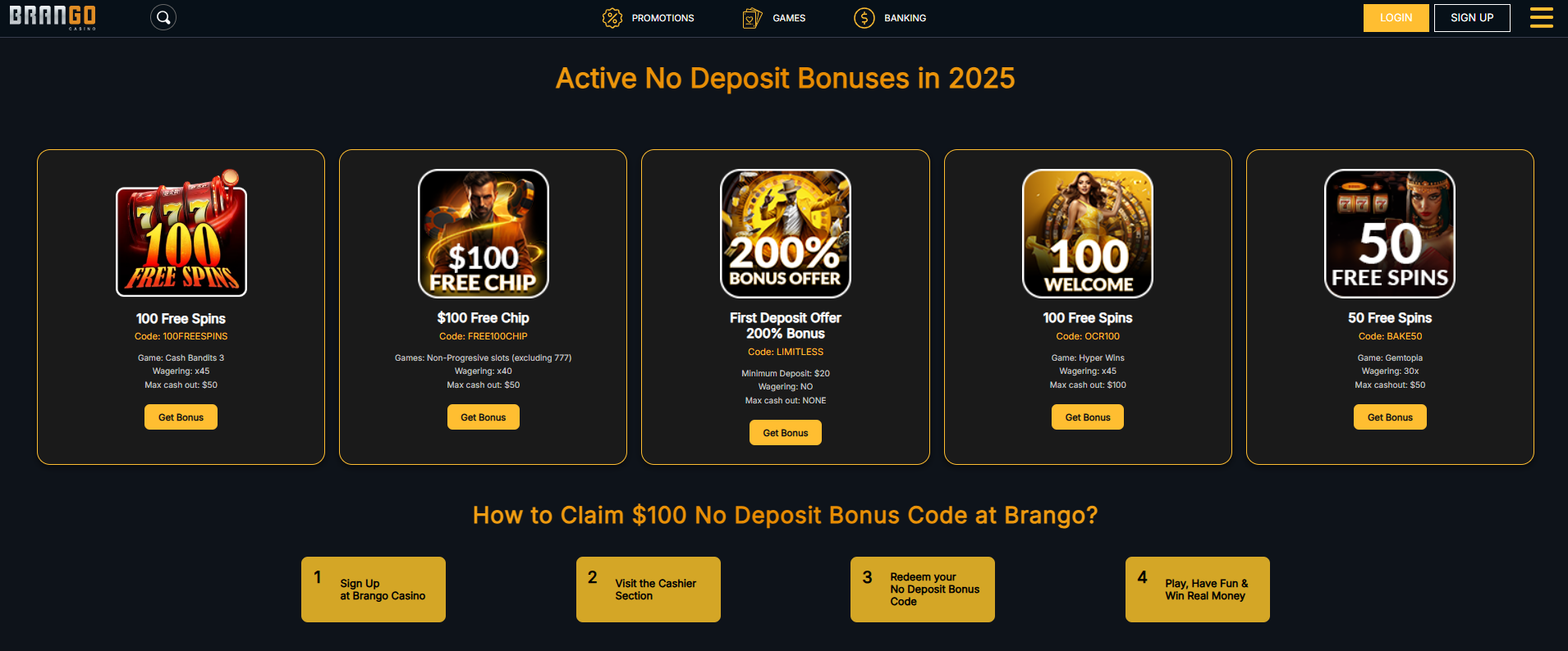 No Deposit Bonuses Brango Casino